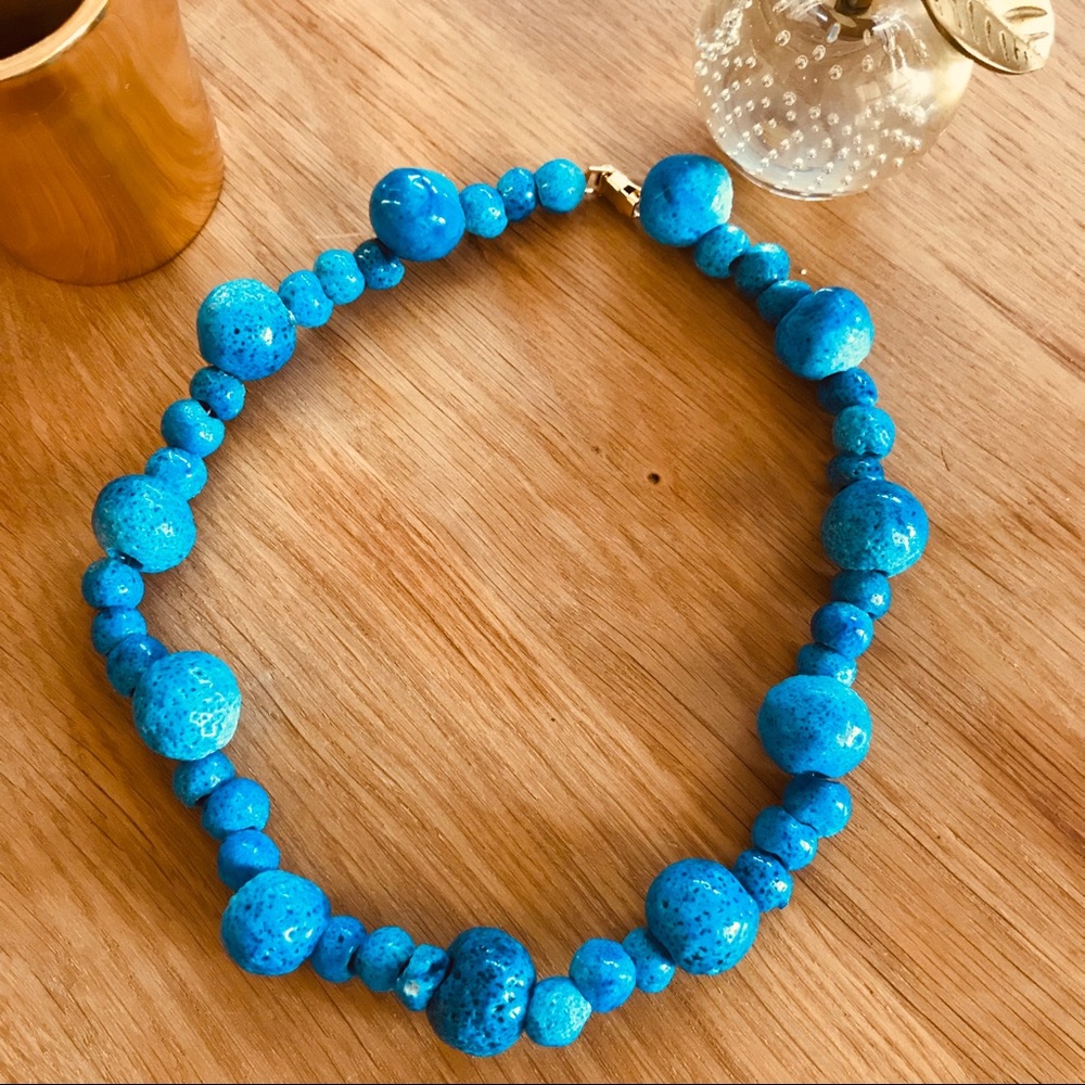 Turquoise Blue Midcentury Glazed Lava Stone Bead Necklace